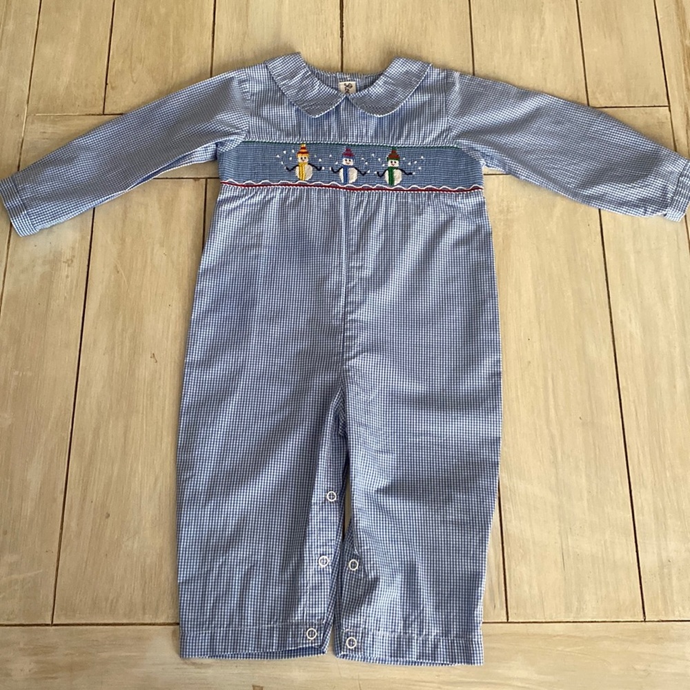 Royal Child Blue Gingham Long Sleeve Romper Smocked Snowmen 24 Months